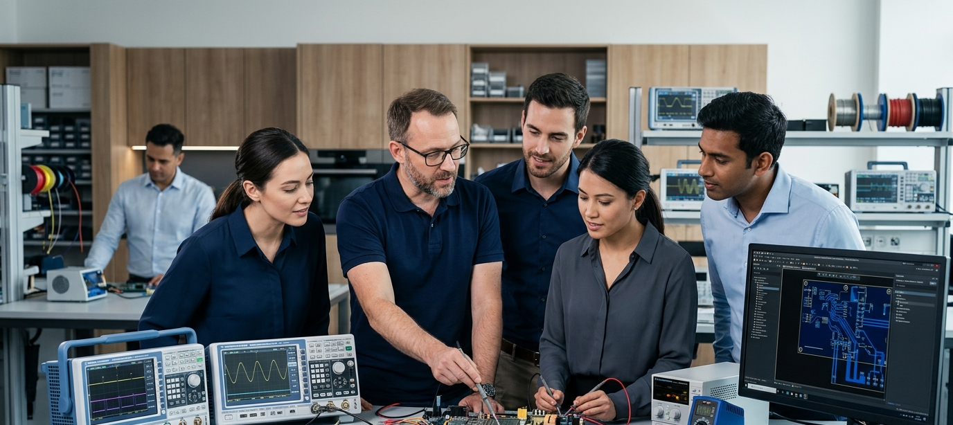Astream engineering team working on an embedded electronics prototype